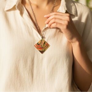 Vintage Bold Diamond Pendant Necklace Orange Yellow Swirl Enamel & Rhinestone